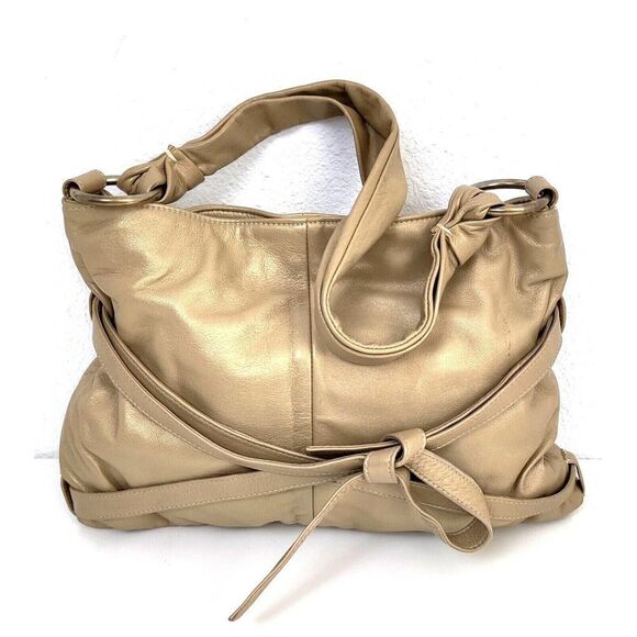 LARGE Goldenbleu GOLD GENUINE LEATHER PINK SUEDE LINED SHOULDER BAG HOBO - Picture 1 of 12